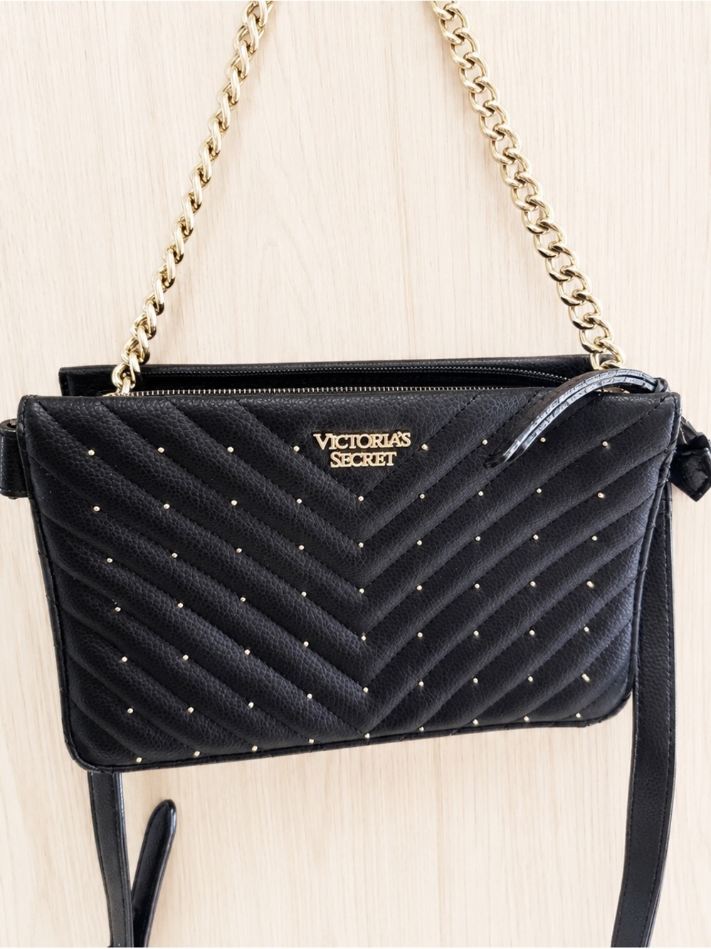 Quilted Black Victoria’s Secret Chevron Studded Chain Shoulder Crossbody Chic